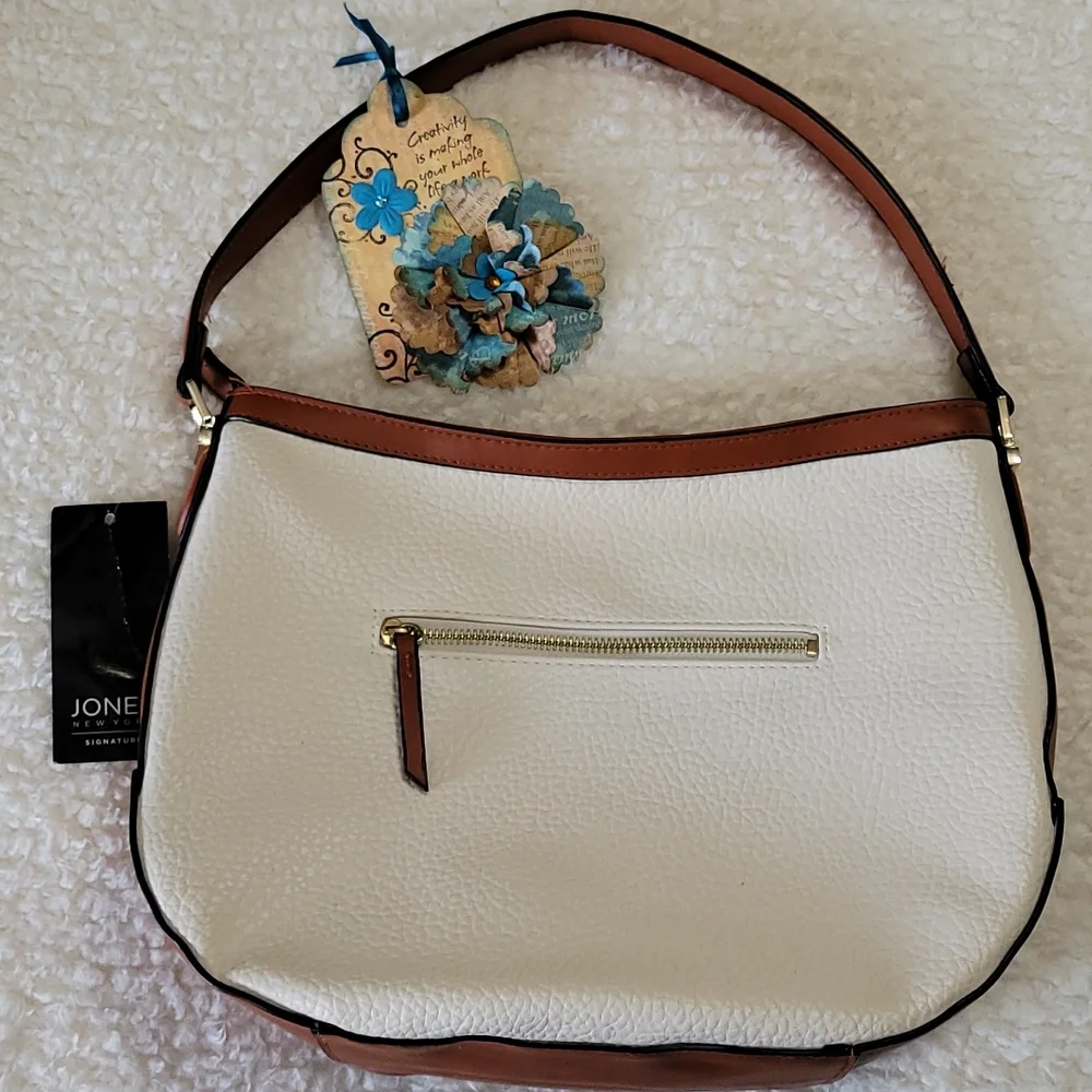NEW Shoulder Bag Jones New York Signature Color Block Pebbled Ivory Faux Leather